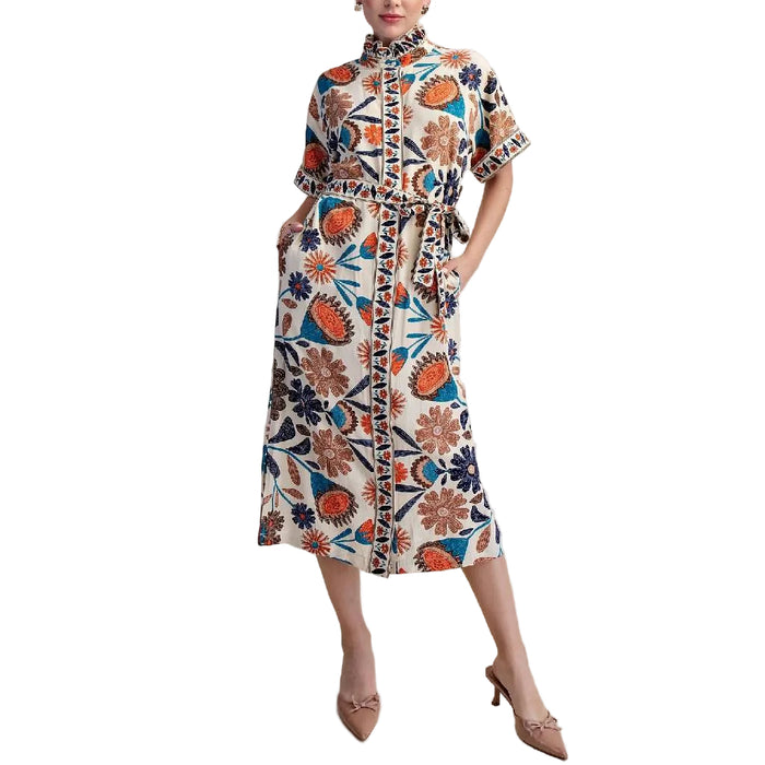 Floral Tie Waist Beige Midi Dress