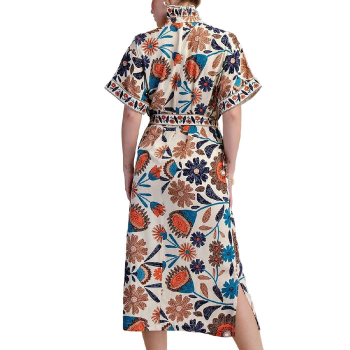 Floral Tie Waist Beige Midi Dress
