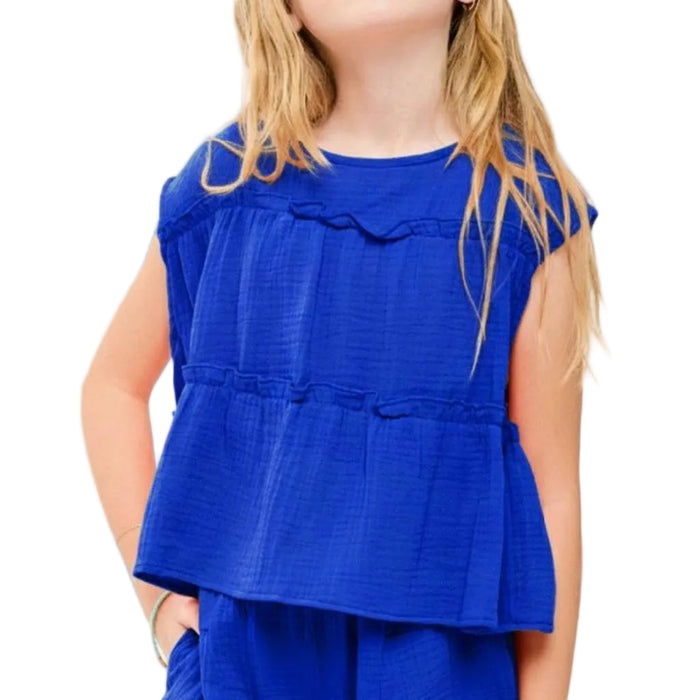 Girl's Royal Blue Cotton Gauze Tiered Ruffle Top