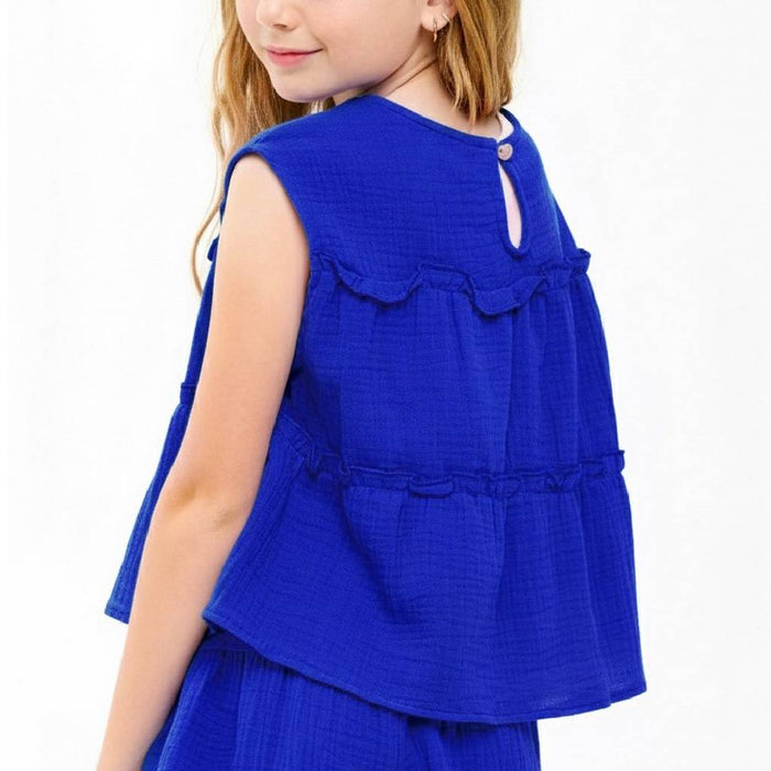 Girl's Royal Blue Cotton Gauze Tiered Ruffle Top