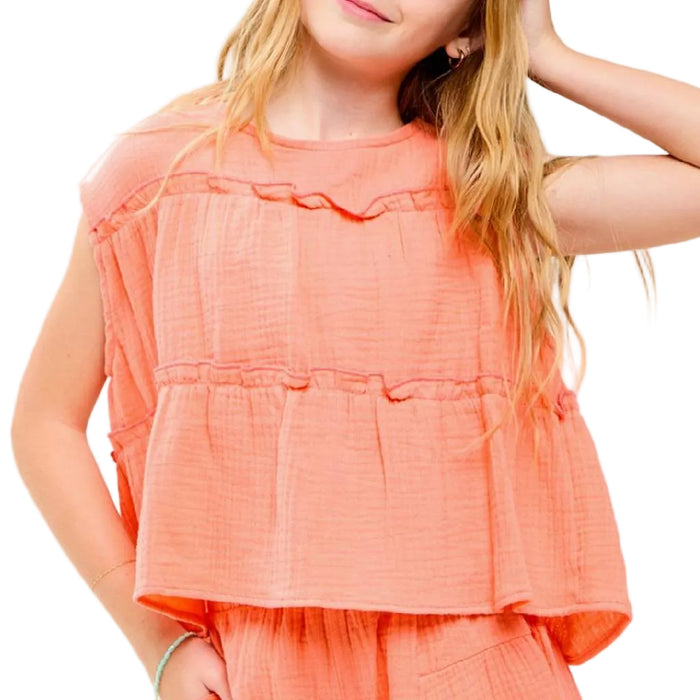 Girl's Coral Cotton Gauze Tiered Ruffle Top