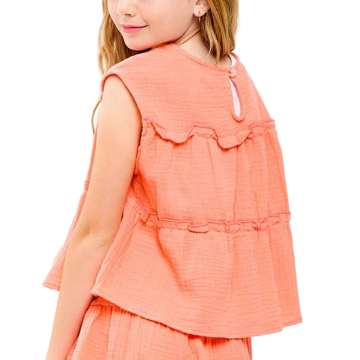 Girl's Coral Cotton Gauze Tiered Ruffle Top