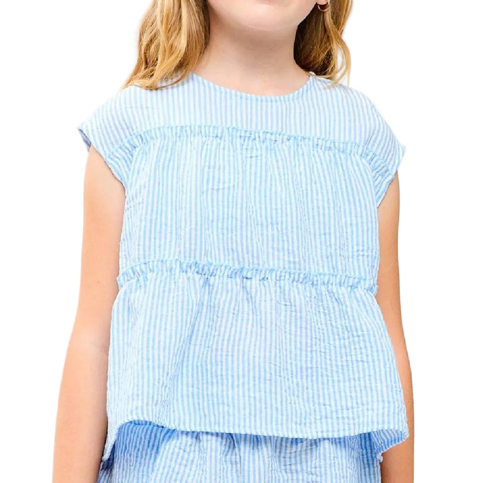 Girl's Blue Striped Gauze Tiered Ruffle Top