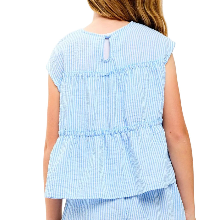 Girl's Blue Striped Gauze Tiered Ruffle Top