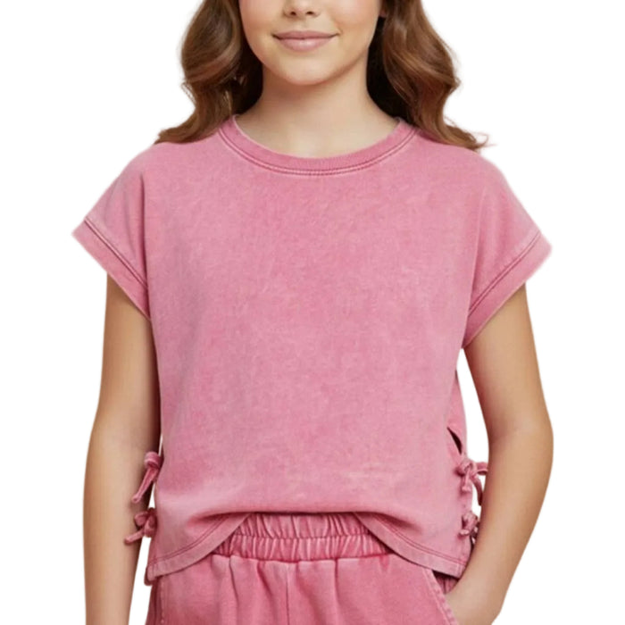 Hayden Girl's Pink Side Bow Detail Washed Knit Tee
