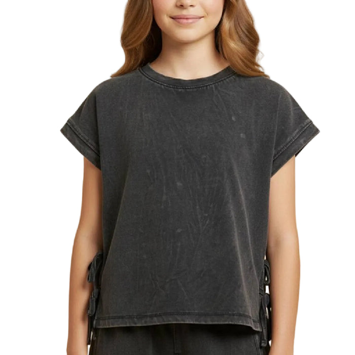 Hayden Girl's Black Side Bow Detail Washed Knit Tee