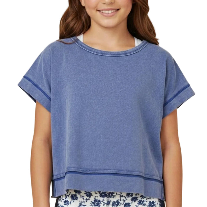 Hayden Girl's Open Tulip Back Washed Knit Blue Tee