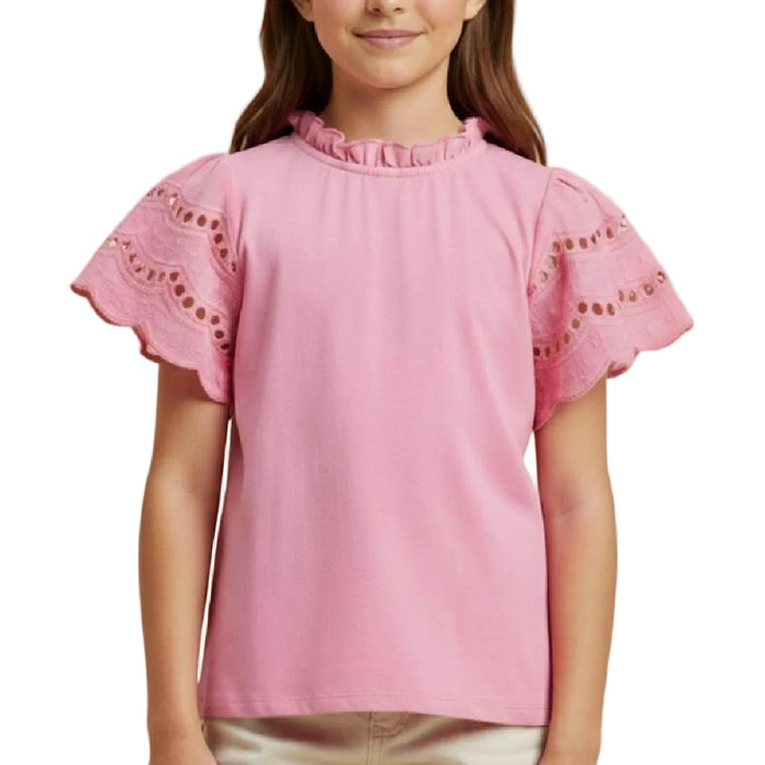 Hayden Girl's Scalloped Eyelet Lace Pink Knit Tee