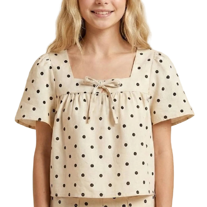 Hayden Girl's Square Neck Tie Detail Polka Dot Top