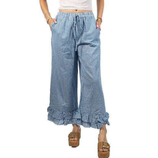 Gingham Ruffled Hem Cropped Blue Pant WOMEN - Clothing - Pants & Leggings Vine & Love