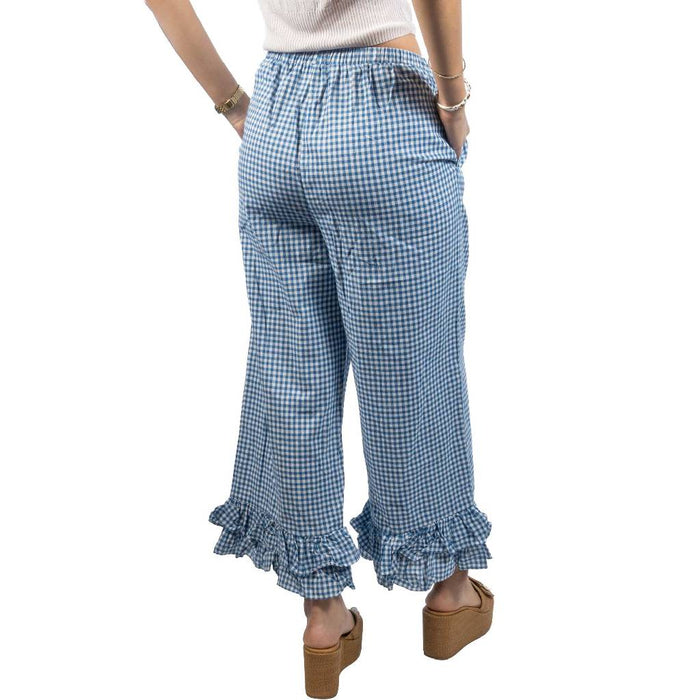 Gingham Ruffled Hem Cropped Blue Pant WOMEN - Clothing - Pants & Leggings Vine & Love