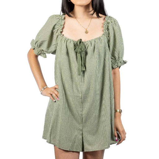 Olive Green Gingham Romper WOMEN - Clothing - Jumpsuits & Rompers Needii