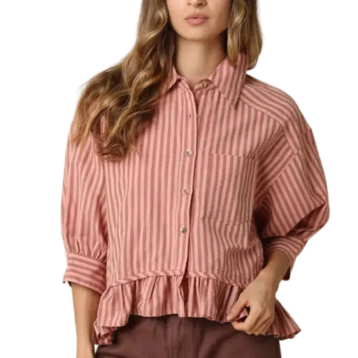 Annie Stripe Ruffle Hem Peach Top WOMEN - Clothing - Tops - Long Sleeved Olivaceous