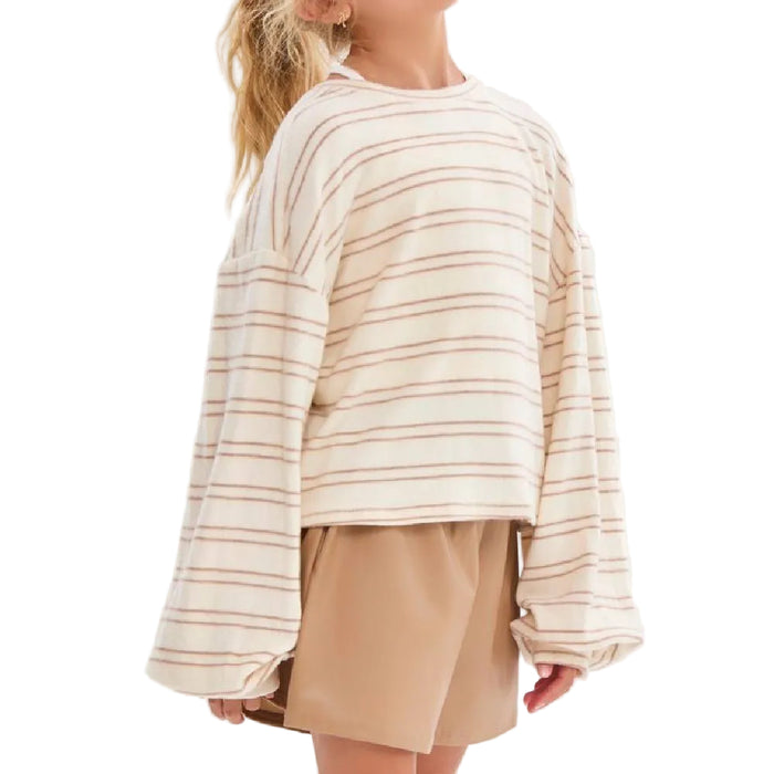 Girl's Open Back Brush Knit Stripe Top - Birch/Taupe