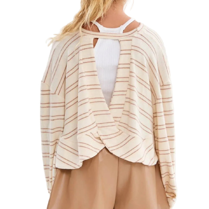 Girl's Open Back Brush Knit Stripe Top - Birch/Taupe
