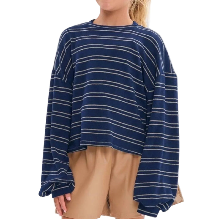 Girl's Open Back Brush Knit Stripe Top - Navy/Heather Grey