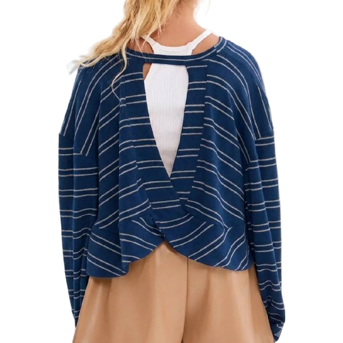 Girl's Open Back Brush Knit Stripe Top - Navy/Heather Grey