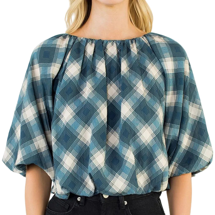 Blue Flowy Plaid Top