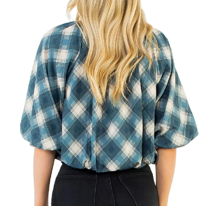 Blue Flowy Plaid Top