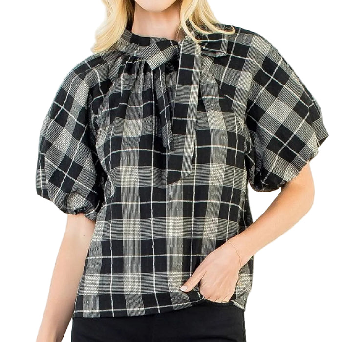 Black Puff Sleeve Tie Neck Plaid Top