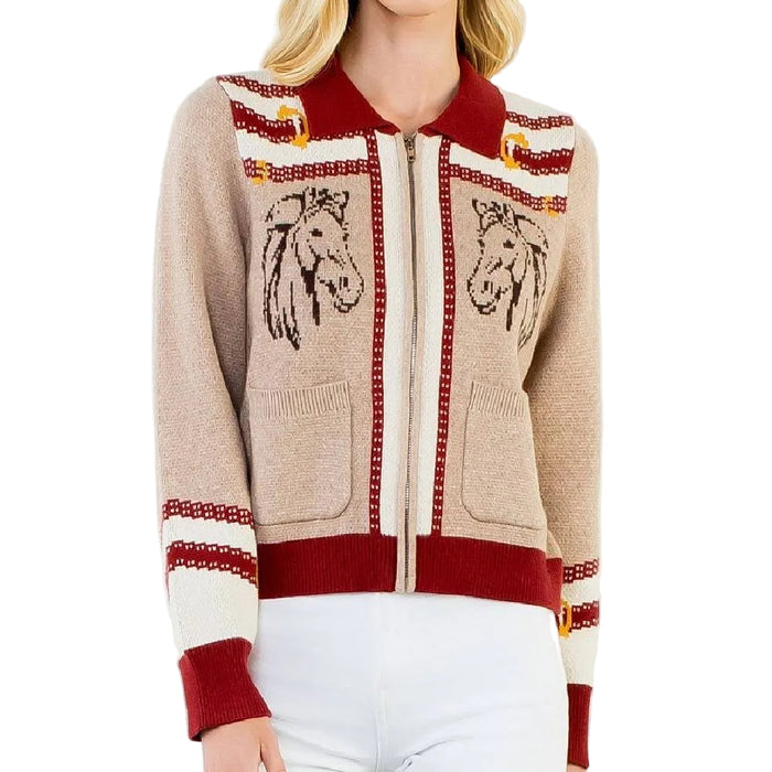 Full Zip Horse Print Cardigan - Beige/Multi