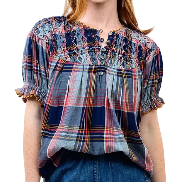 Ivy Jane Smocked Neck Navy Plaid Top