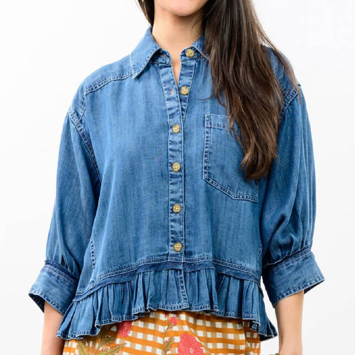Ivy Jane Denim Ruffle Peplum Indigo Top