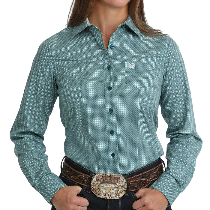 Cinch Women's Teal Geo Print Button Down Shirt