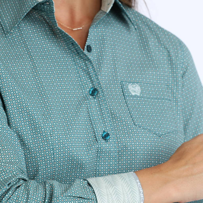 Cinch Women's Teal Geo Print Button Down Shirt