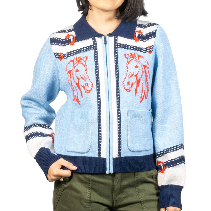 Full Zip Horse Print Cardigan - Blue/Multi