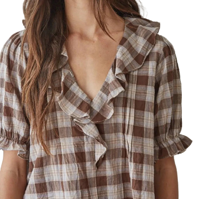 Brown Ruffle Plaid Top