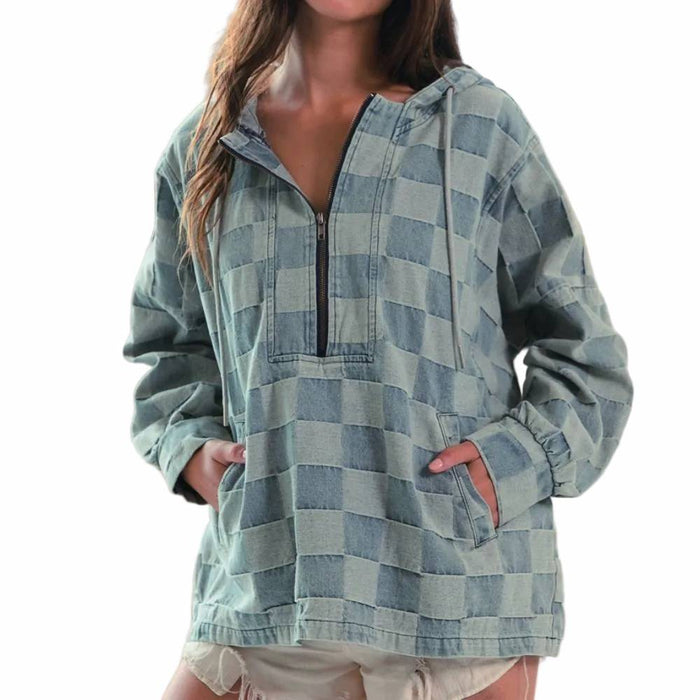 Women's 1/2 Zip Washed Checker Hoodie Jacket
