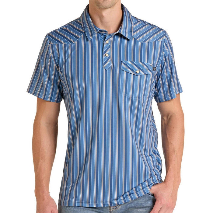 Rock & Roll Denim Men's Blue Stripe Western Vented Polo Shirt