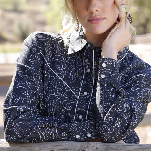 Cruel Denim Women's Black Chambray Snap Shirt WOMEN - Clothing - Tops - Long Sleeved Cruel Denim