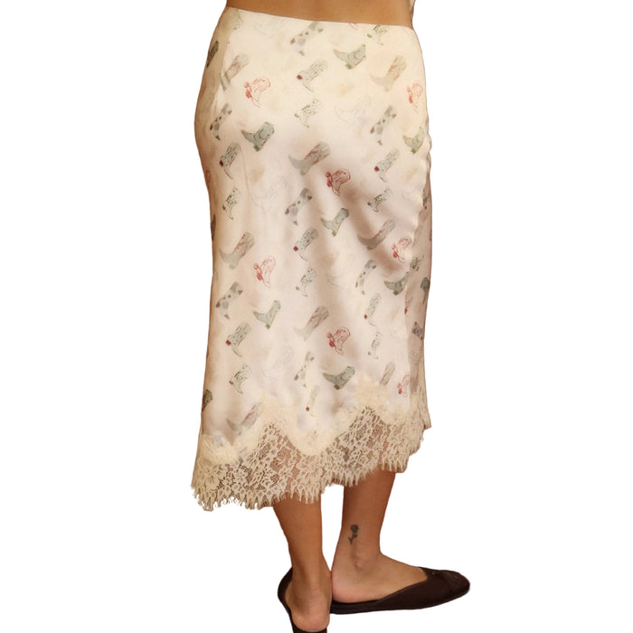 Western Boot Print Lace-Trim Midi Skirt