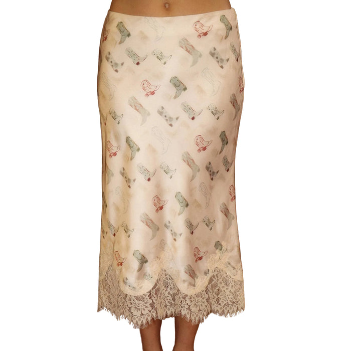 Western Boot Print Lace-Trim Midi Skirt