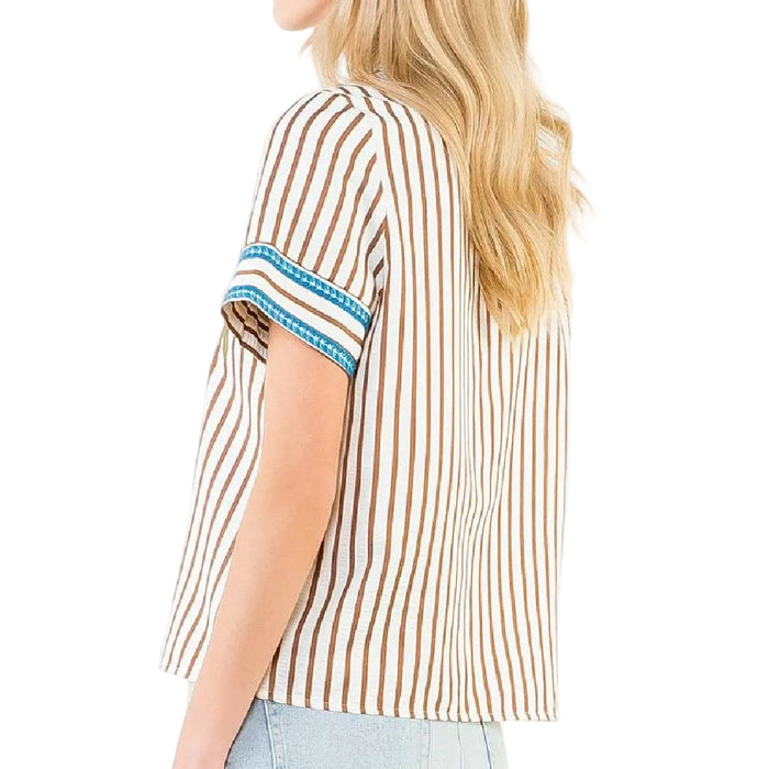 Stripe Floral Embroidered Brown Top