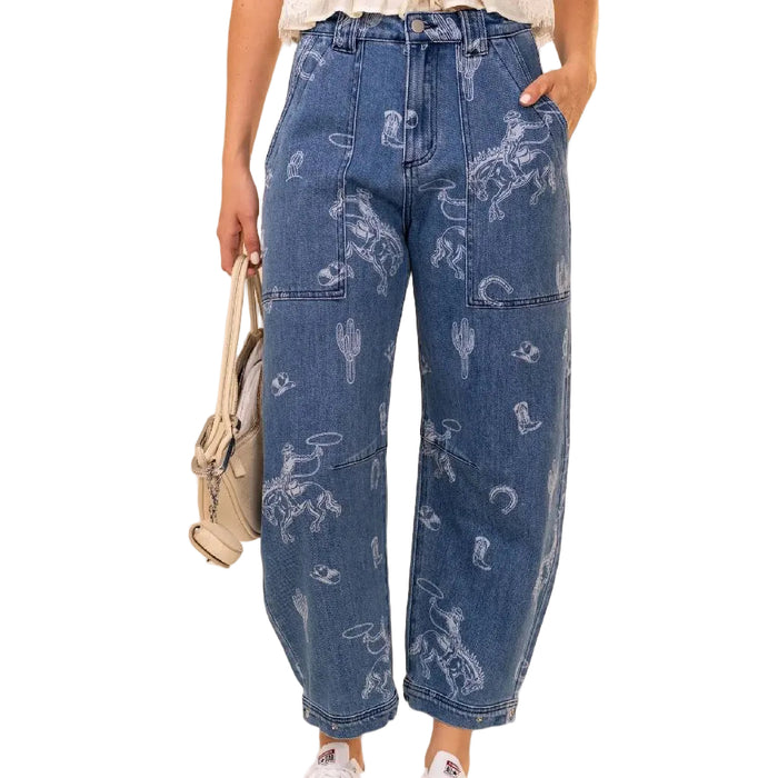 Western Print Barrel Leg Jeans
