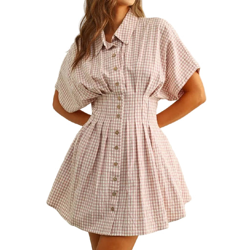 Gingham Strawberry Shake Shirt Dress WOMEN - Clothing - Dresses Miou Muse