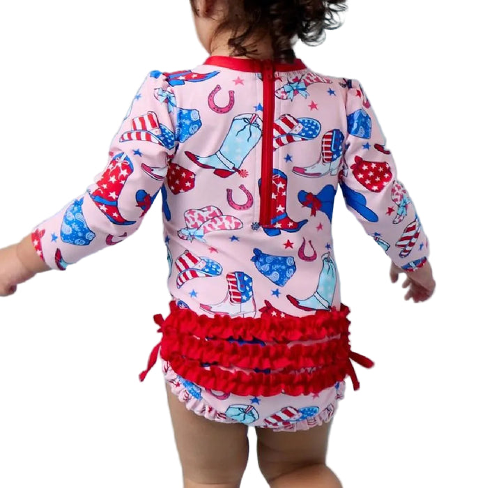 Ruffle Butts Pink Stars & Boots Rash Guard Swimsuit KIDS - Girls - Clothing - Surf & Swimwear Ruffle Butts/Rugged Butts