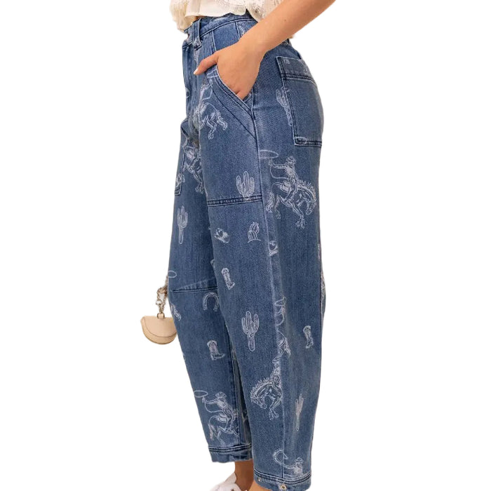 Western Print Barrel Leg Jeans
