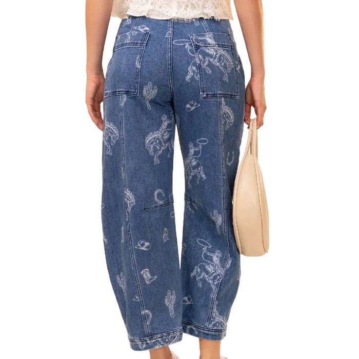 Western Print Barrel Leg Jeans