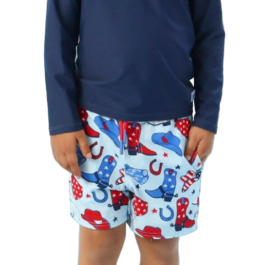 Rugged Butts Blue Stars & Boots Swim Trunks KIDS - Boys - Clothing - Surf & Swimwear Ruffle Butts/Rugged Butts