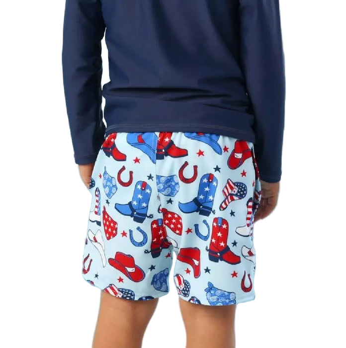 Rugged Butts Blue Stars & Boots Swim Trunks KIDS - Boys - Clothing - Surf & Swimwear Ruffle Butts/Rugged Butts
