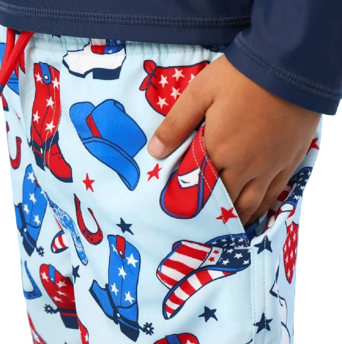 Rugged Butts Blue Stars & Boots Swim Trunks KIDS - Boys - Clothing - Surf & Swimwear Ruffle Butts/Rugged Butts