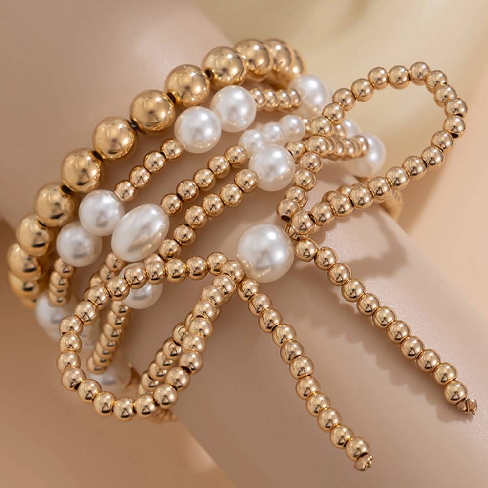 Bow Knot Pearl Beaded Layered Bracelet Set