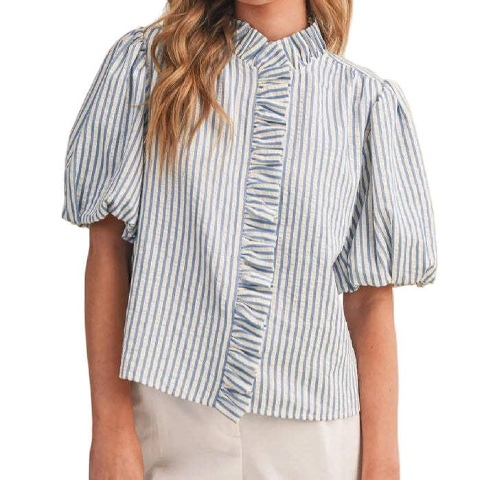Striped Blue Ruffled Top WOMEN - Clothing - Tops - Short Sleeved En Merci