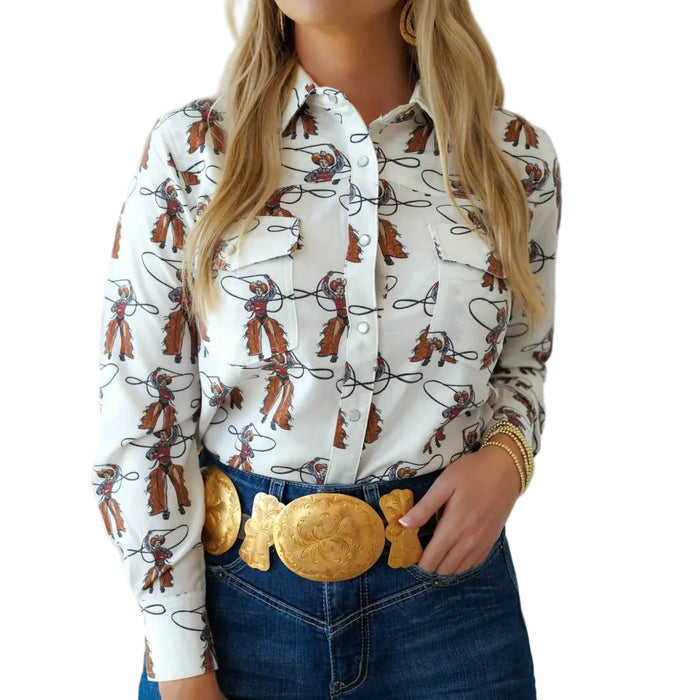 Howdy Hanny Roping Cowboy Print Pearl Snap Shirt