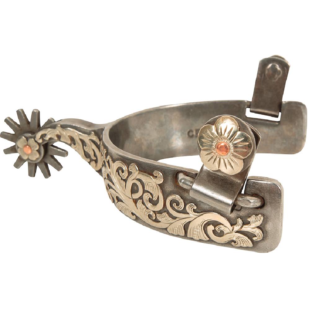 Classic Equine Performance Horse Spurs with Silver Flower Overlay- 6pt