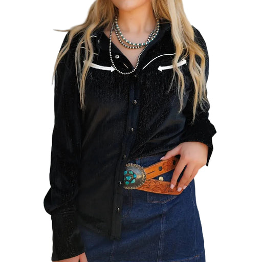 Howdy Hanny Black Velvet Pearl Snap Shirt WOMEN - Clothing - Tops - Long Sleeved Howdy Hanny